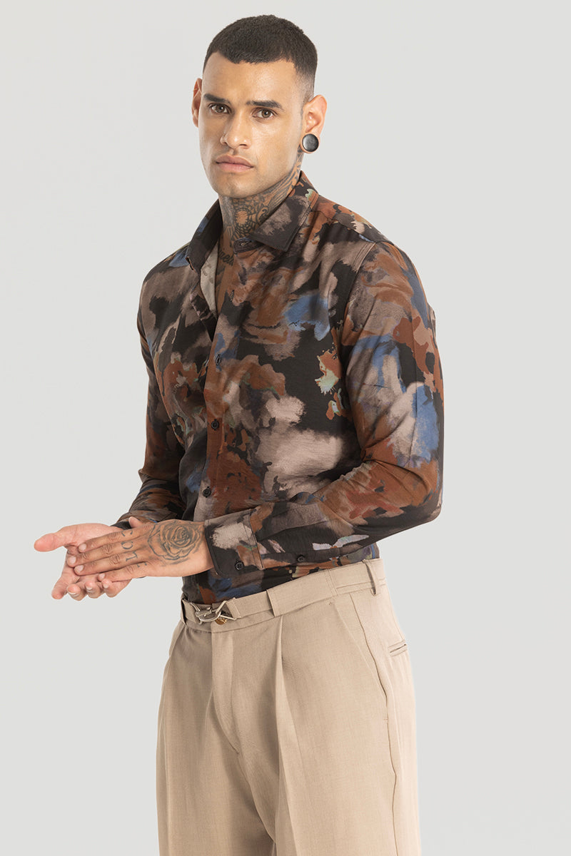 Brown Abstract Slim Fit Shirt