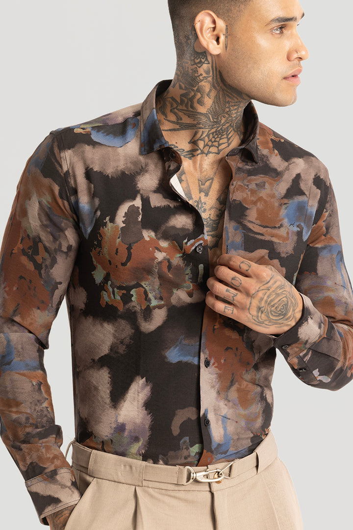 Brown Abstract Slim Fit Shirt