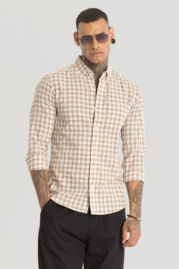 Beige Checks Linen Blend Shirt