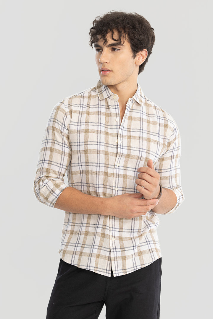 Beige Checks Linen Blend Shirt