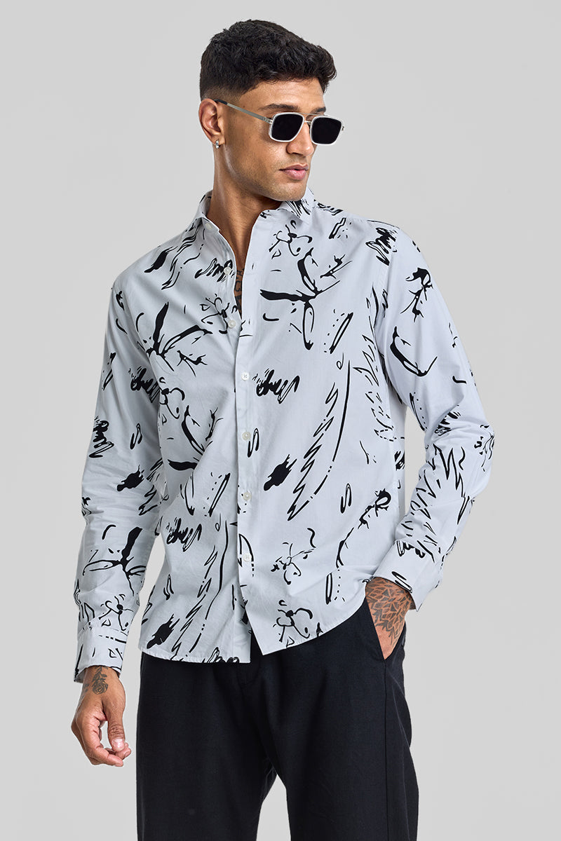 White Abstract Slim Fit Shirt