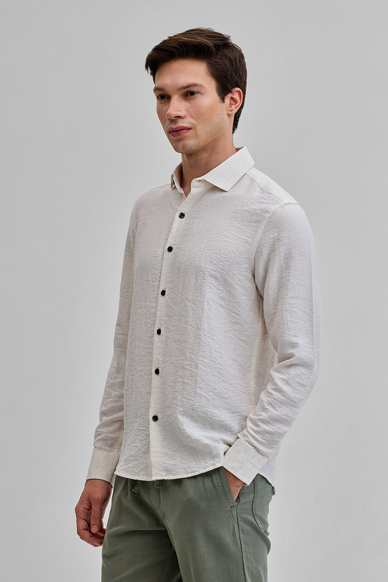 Cream Textured Linen Blend Shirt