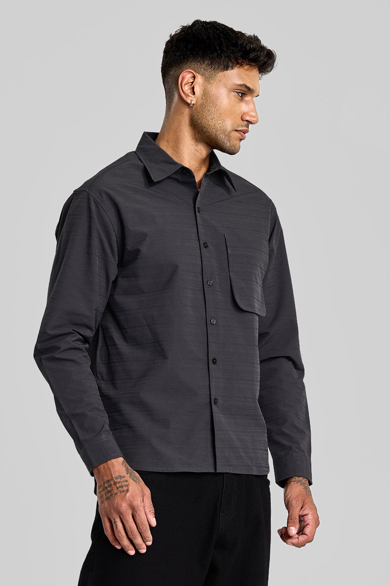 Charcoal Grey Stripes Relaxed Fit Overshirt