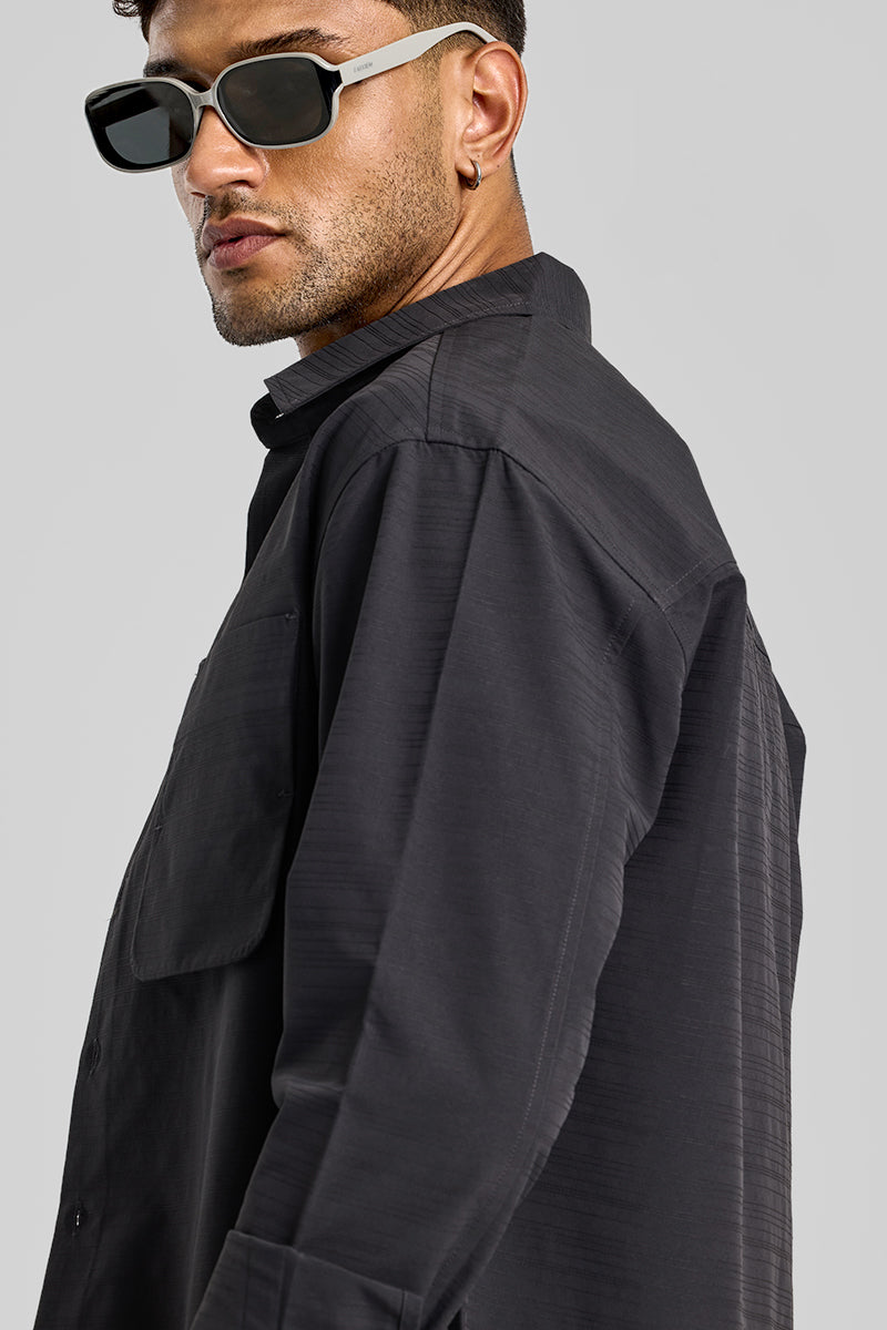 Charcoal Grey Stripes Relaxed Fit Overshirt