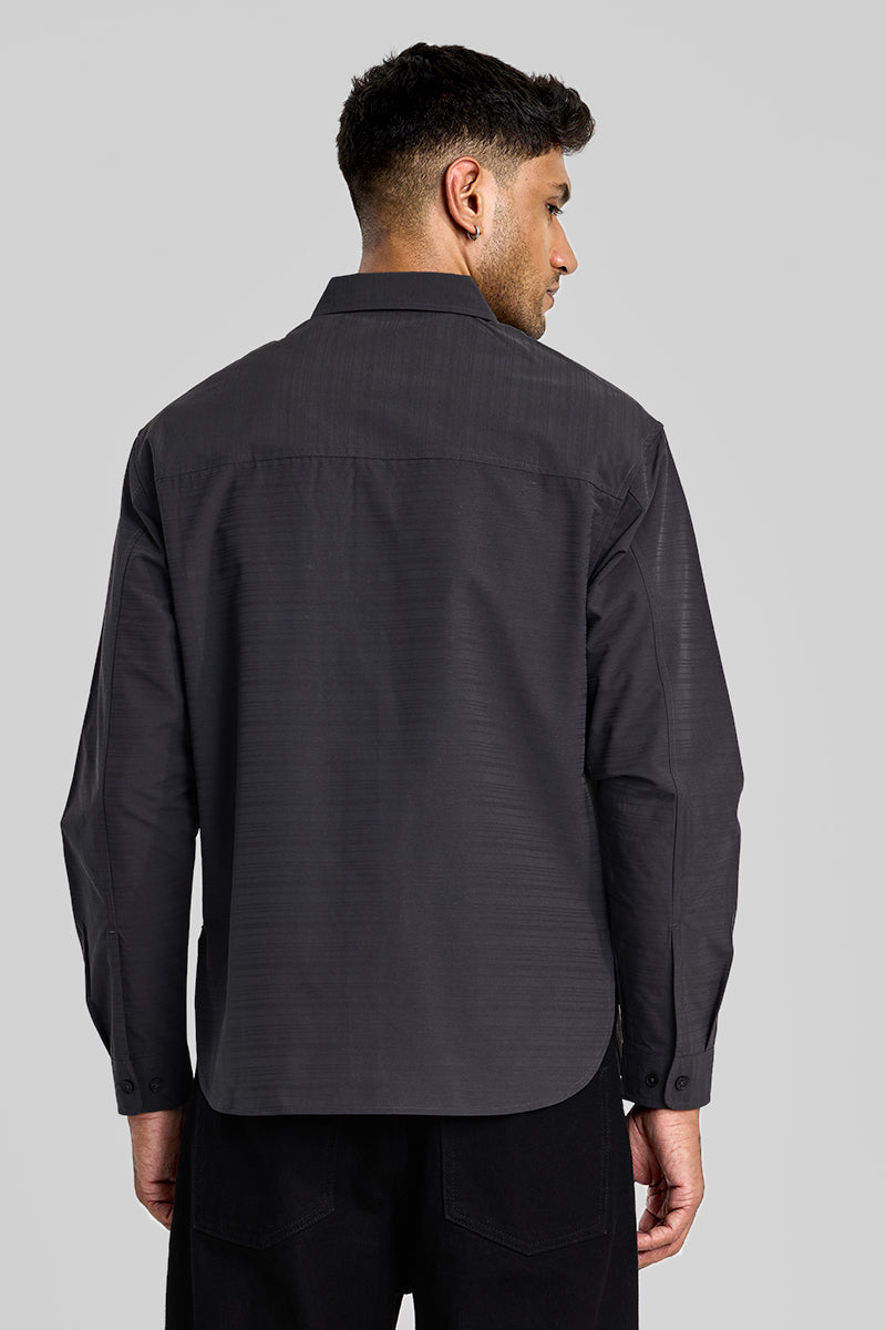 Charcoal Grey Stripes Relaxed Fit Overshirt