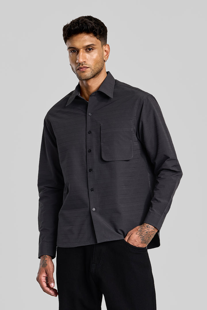 Charcoal Grey Stripes Relaxed Fit Overshirt