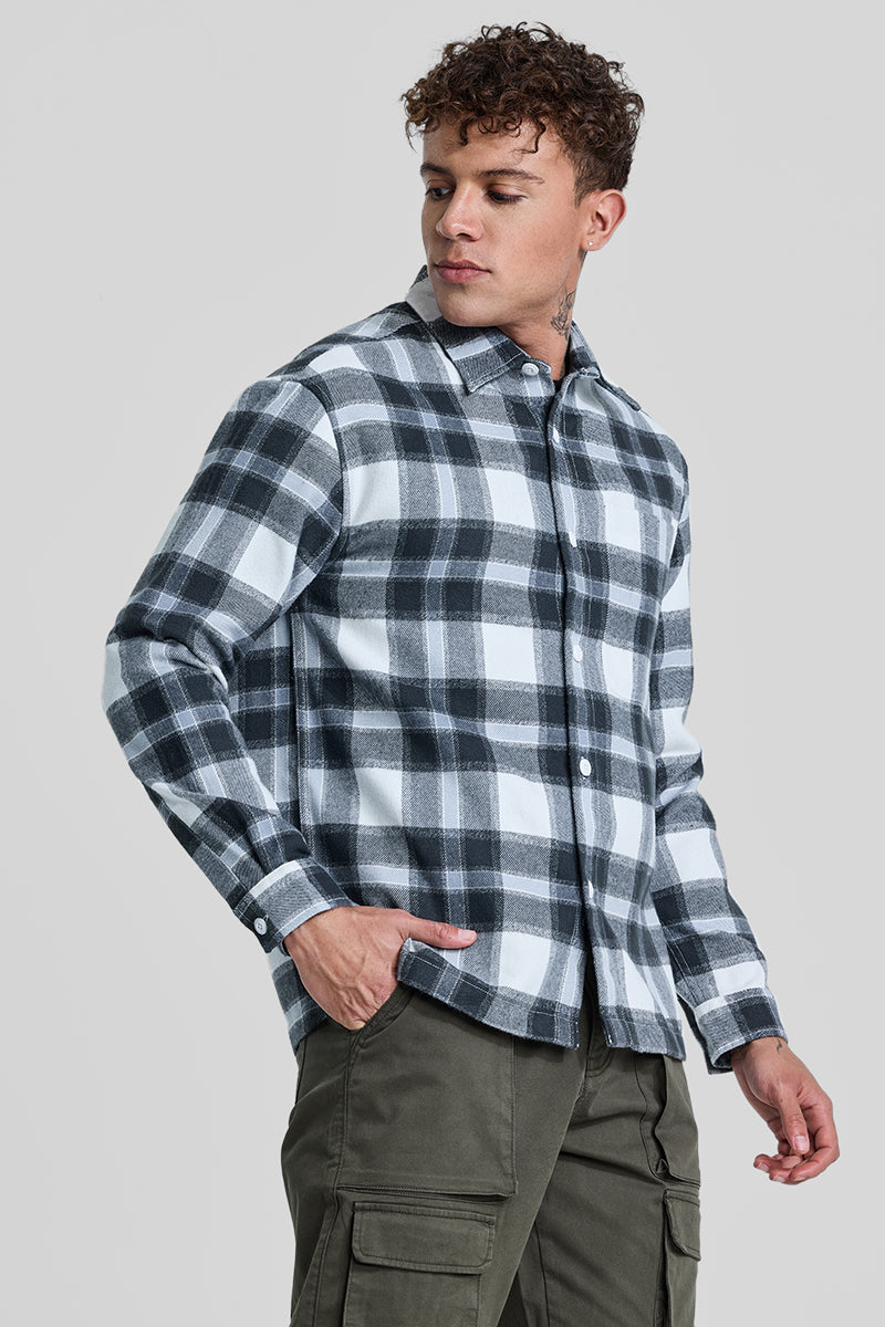 Grey Plaid Box Fit Flannel Shirt