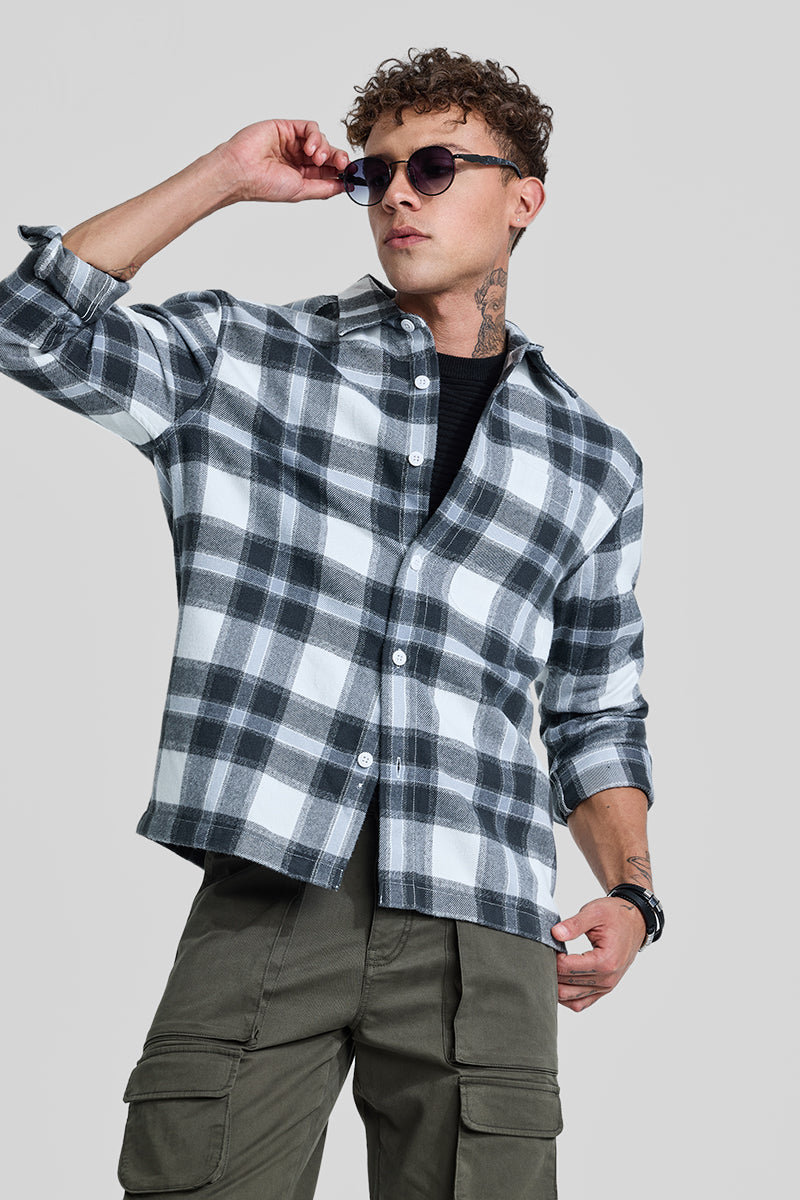 Grey Plaid Box Fit Flannel Shirt