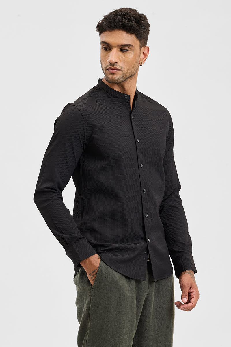 Black Self-Design Mandarin Shirt