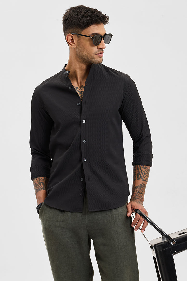 Black Self-Design Mandarin Shirt