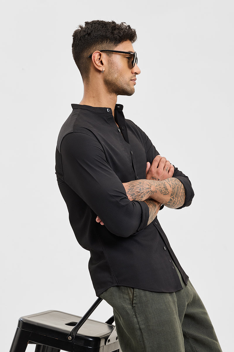 Black Self-Design Mandarin Shirt