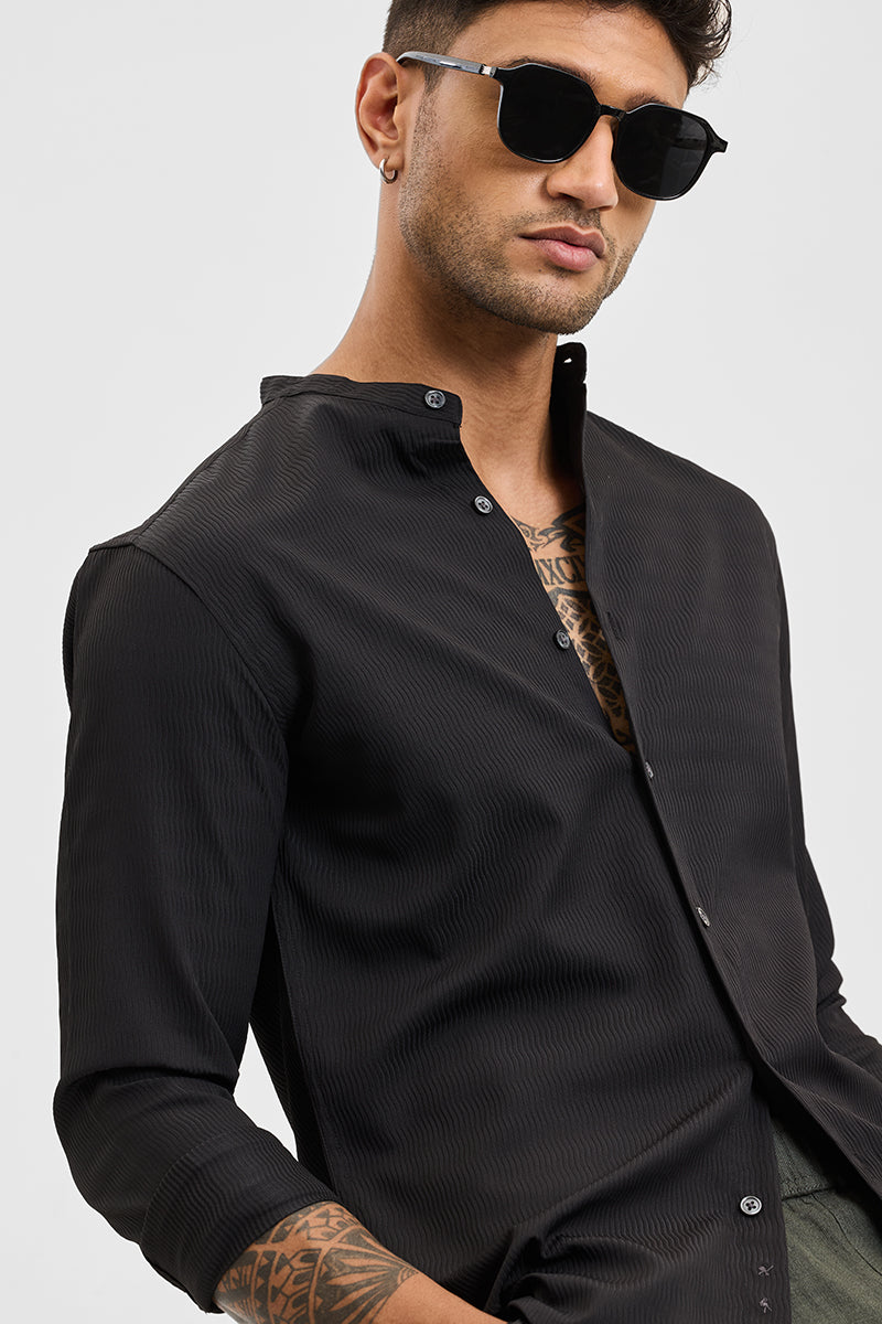 Black Self-Design Mandarin Shirt