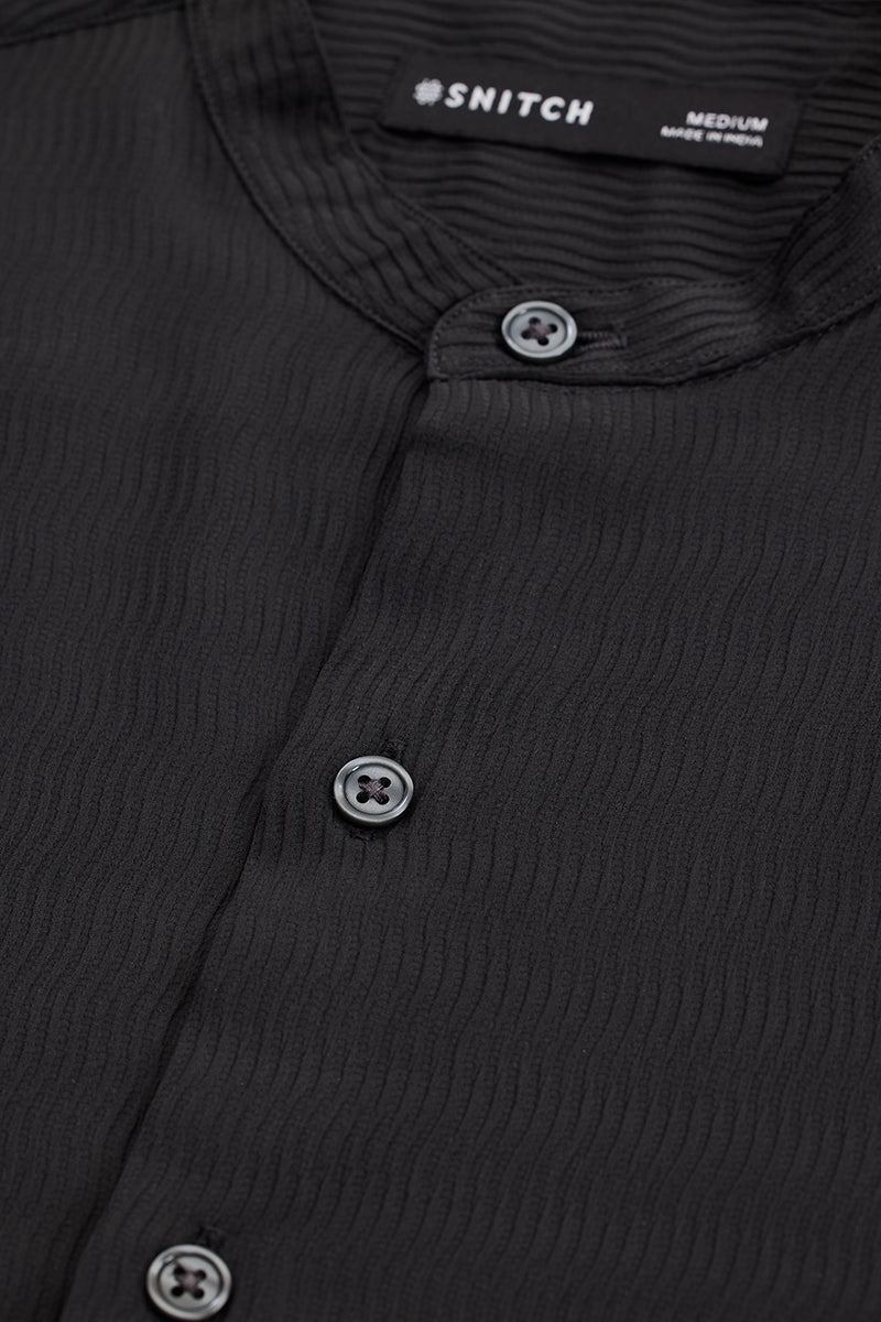 Charcoal Grey Self-Design Mandarin Shirt