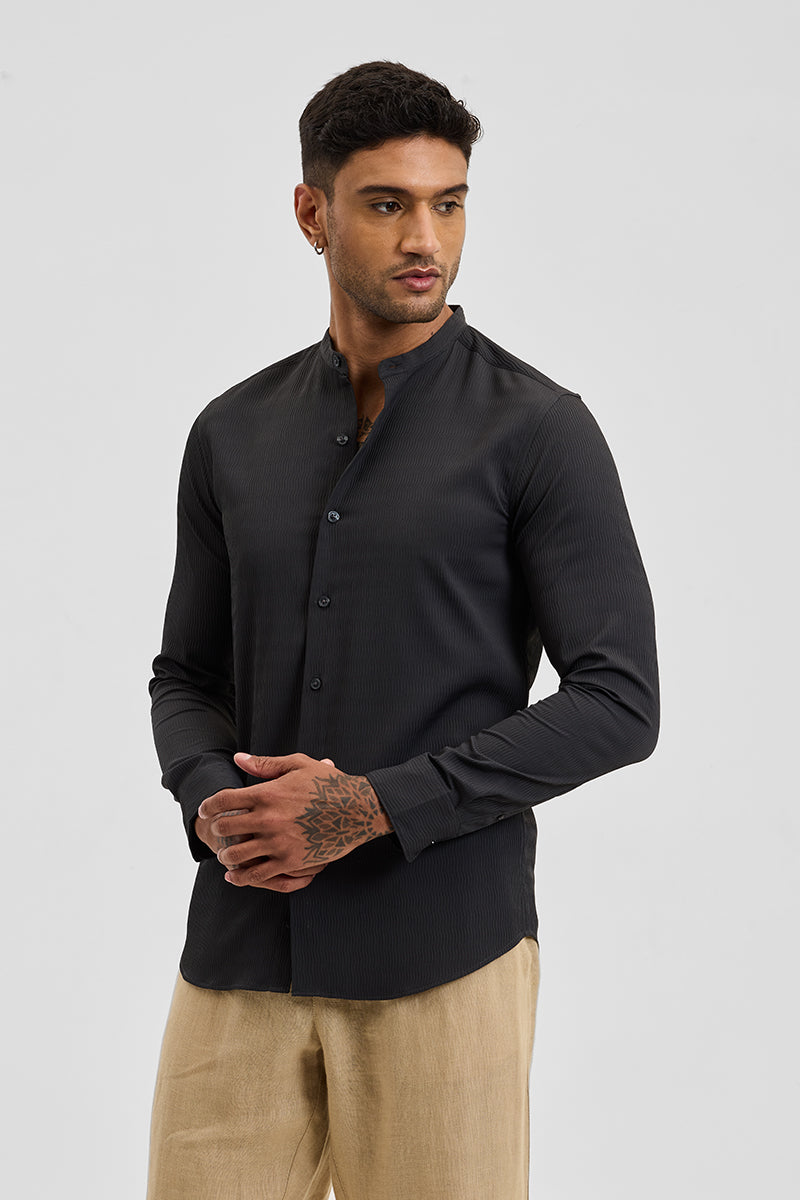 Charcoal Grey Self-Design Mandarin Shirt