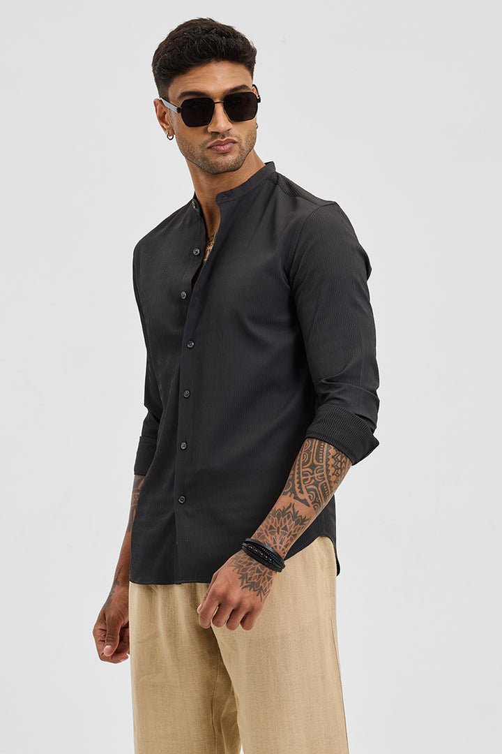 Charcoal Grey Self-Design Mandarin Shirt