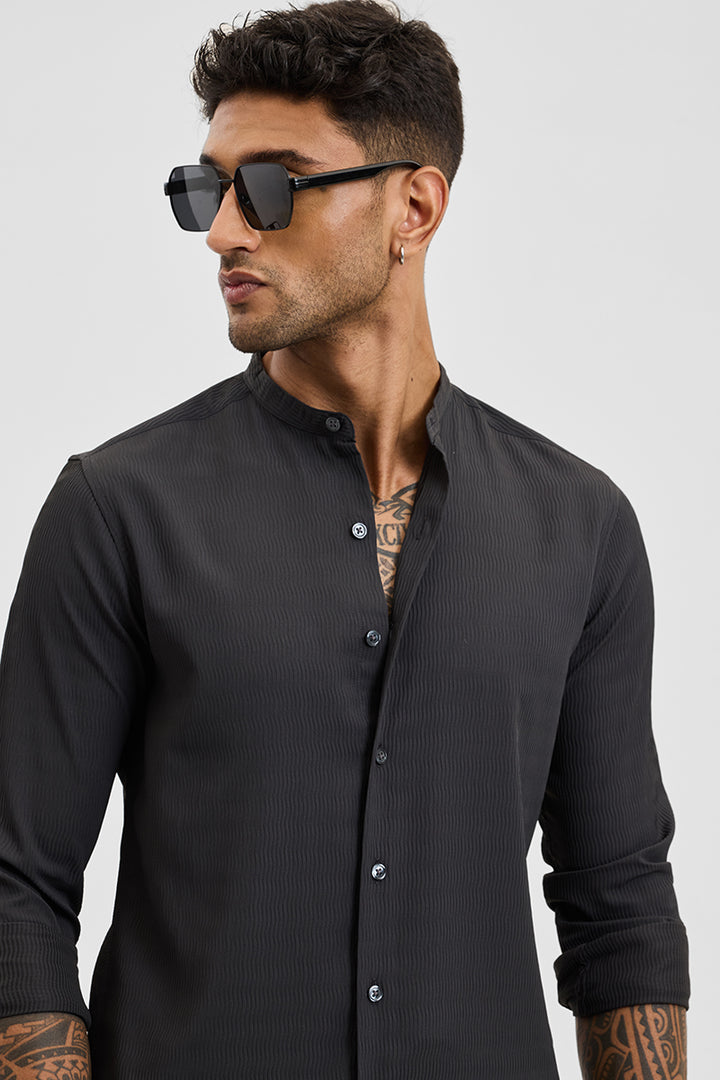 Charcoal Grey Self-Design Mandarin Shirt