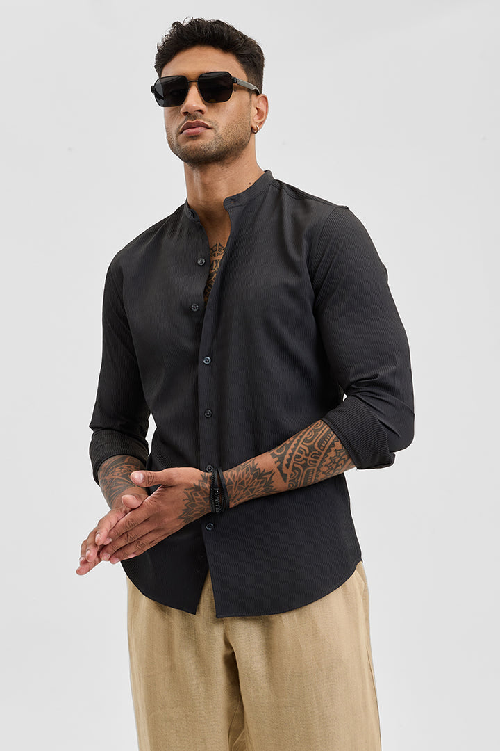 Charcoal Grey Self-Design Mandarin Shirt