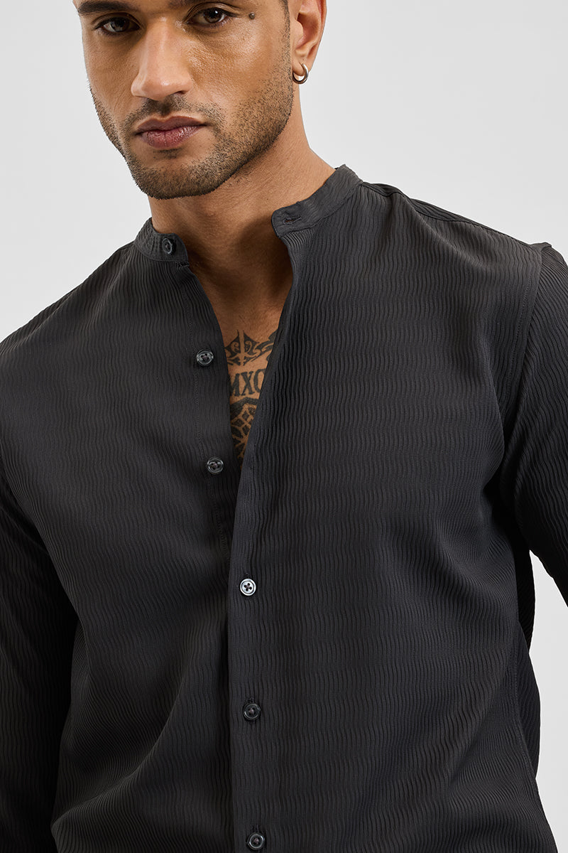 Charcoal Grey Self-Design Mandarin Shirt