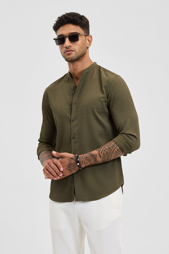 Olive Self-Design Mandarin Shirt