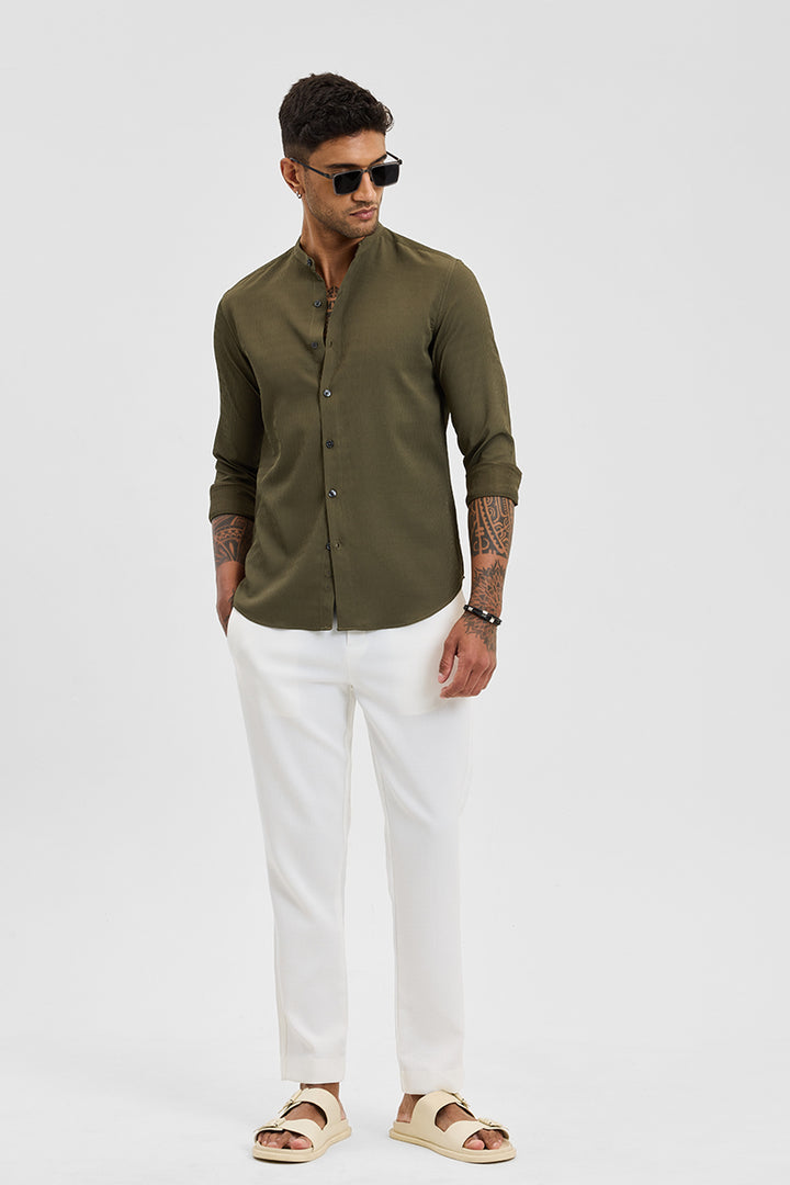 Olive Self-Design Mandarin Shirt