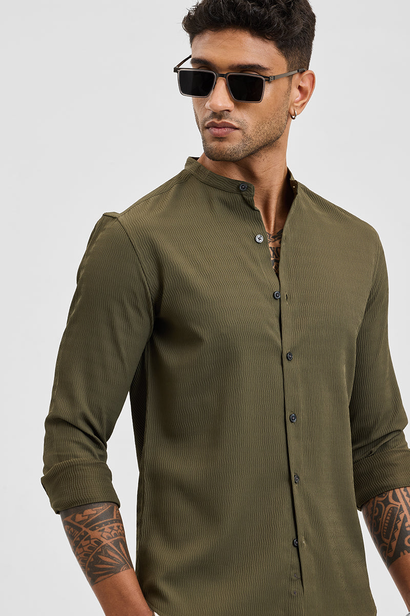 Olive Self-Design Mandarin Shirt