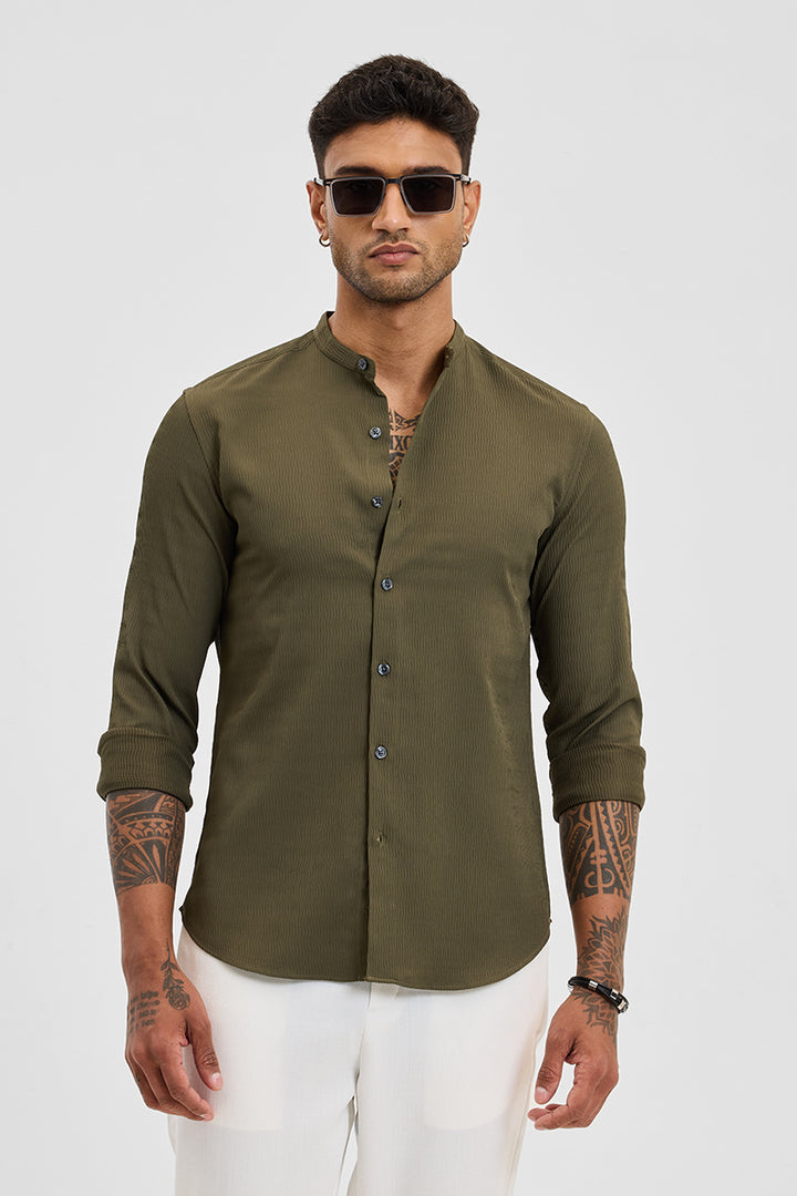 Olive Self-Design Mandarin Shirt