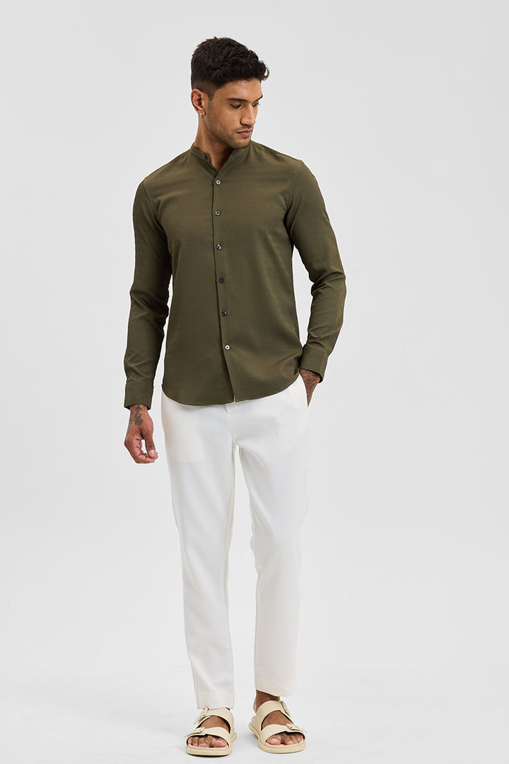 Olive Self-Design Mandarin Shirt