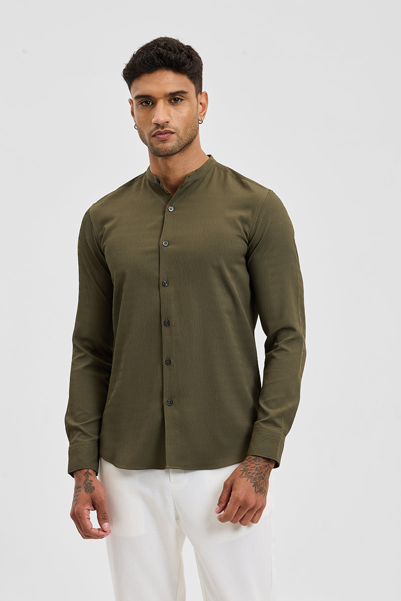 Olive Self-Design Mandarin Shirt