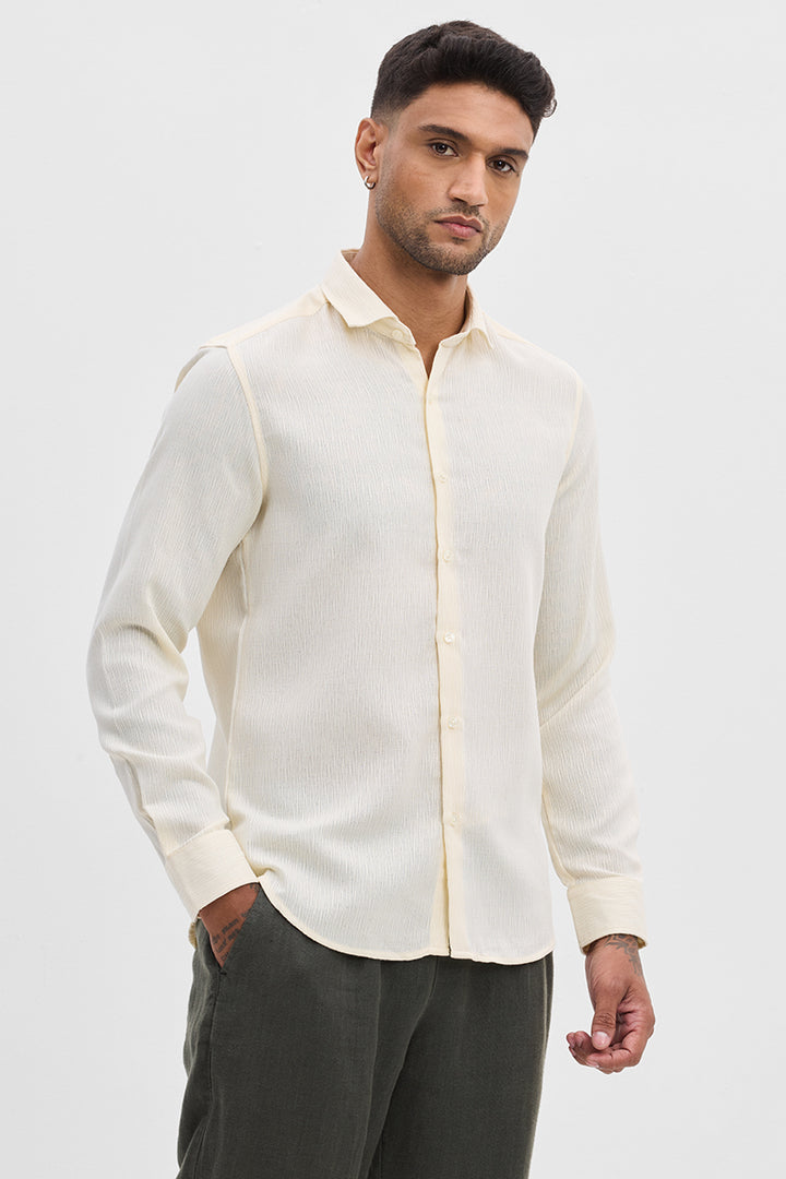 Cream Self-Design Slim Fit Shirt