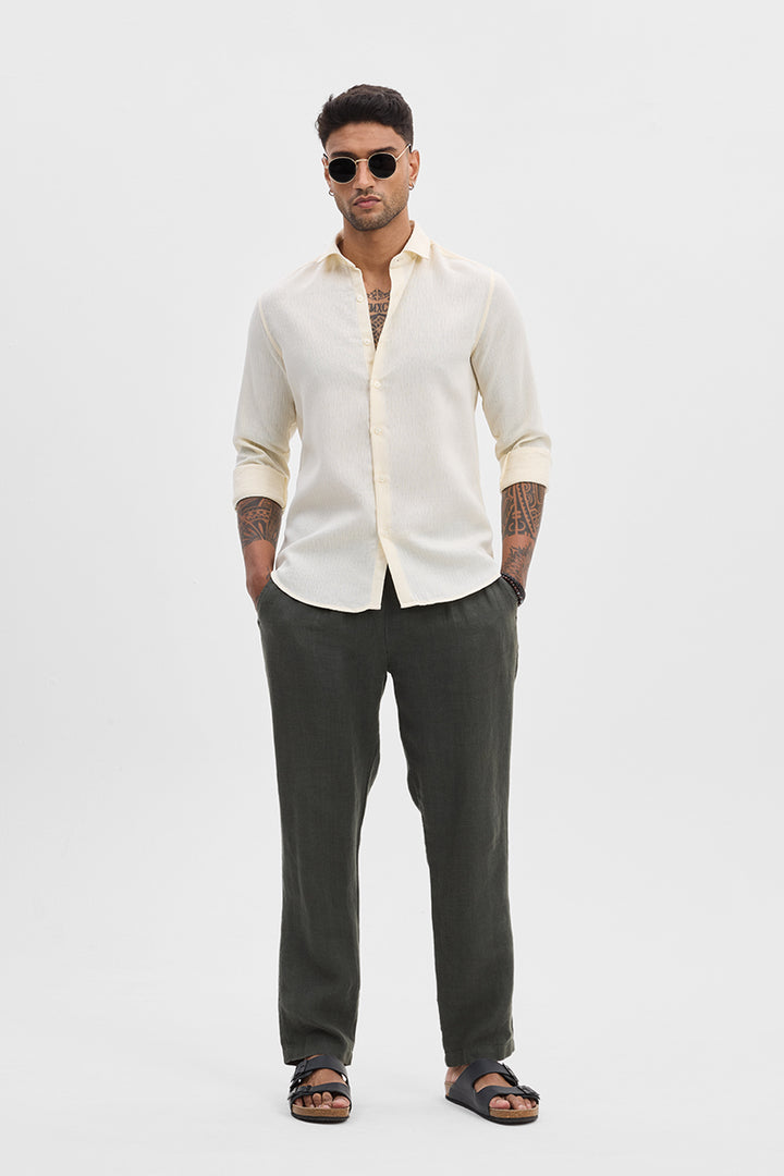 Cream Self-Design Slim Fit Shirt