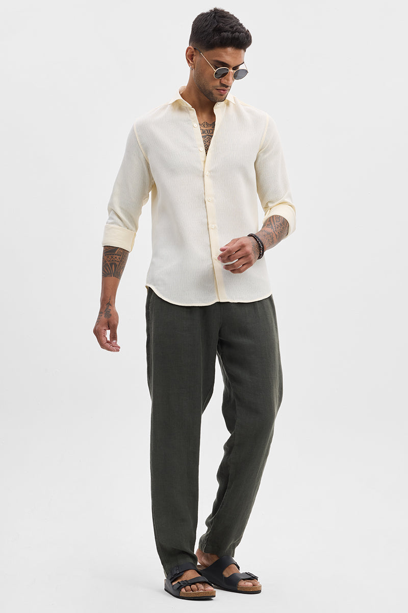 Cream Self-Design Slim Fit Shirt