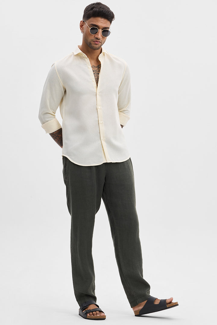 Cream Self-Design Slim Fit Shirt