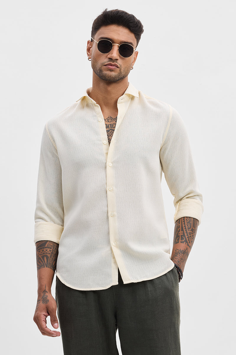 Cream Self-Design Slim Fit Shirt