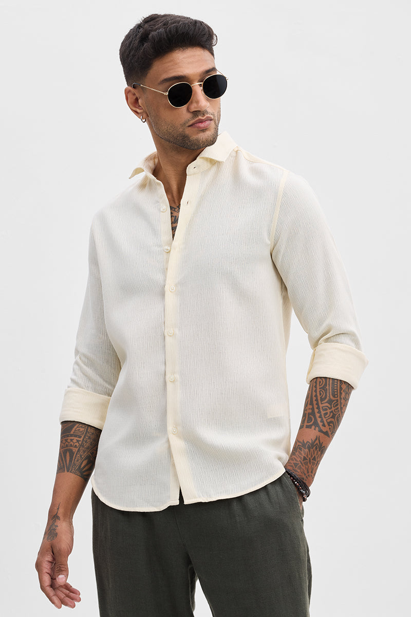 Cream Self-Design Slim Fit Shirt