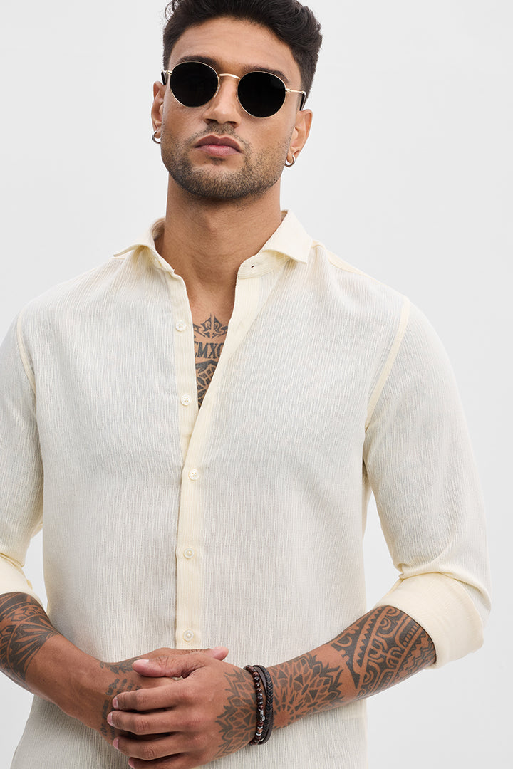 Cream Self-Design Slim Fit Shirt