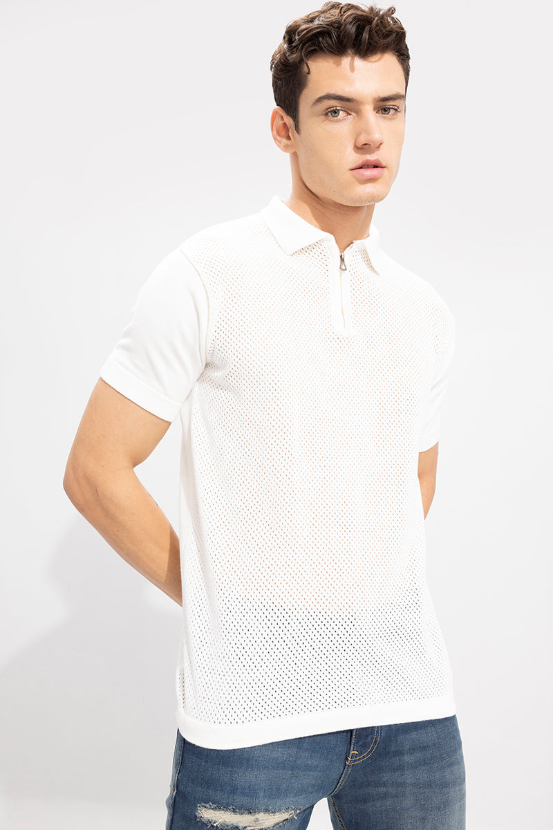 Mesh Knit White Polo T-Shirt