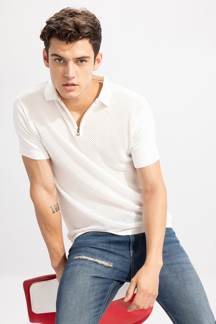 Buy Men's Mesh Knit White Polo T-Shirt Online | SNITCH