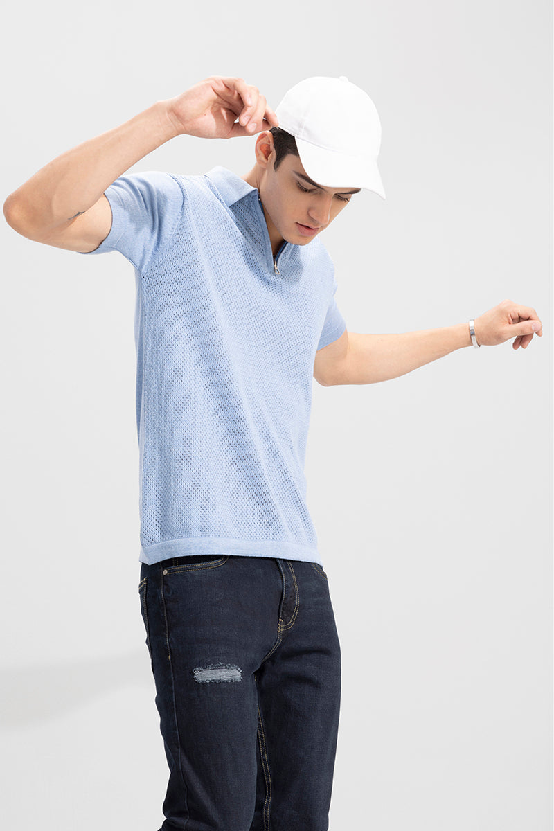 Mesh Knit Blue Polo T-Shirt