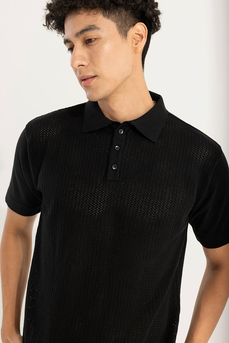 Mesh Design Black Polo T-Shirt