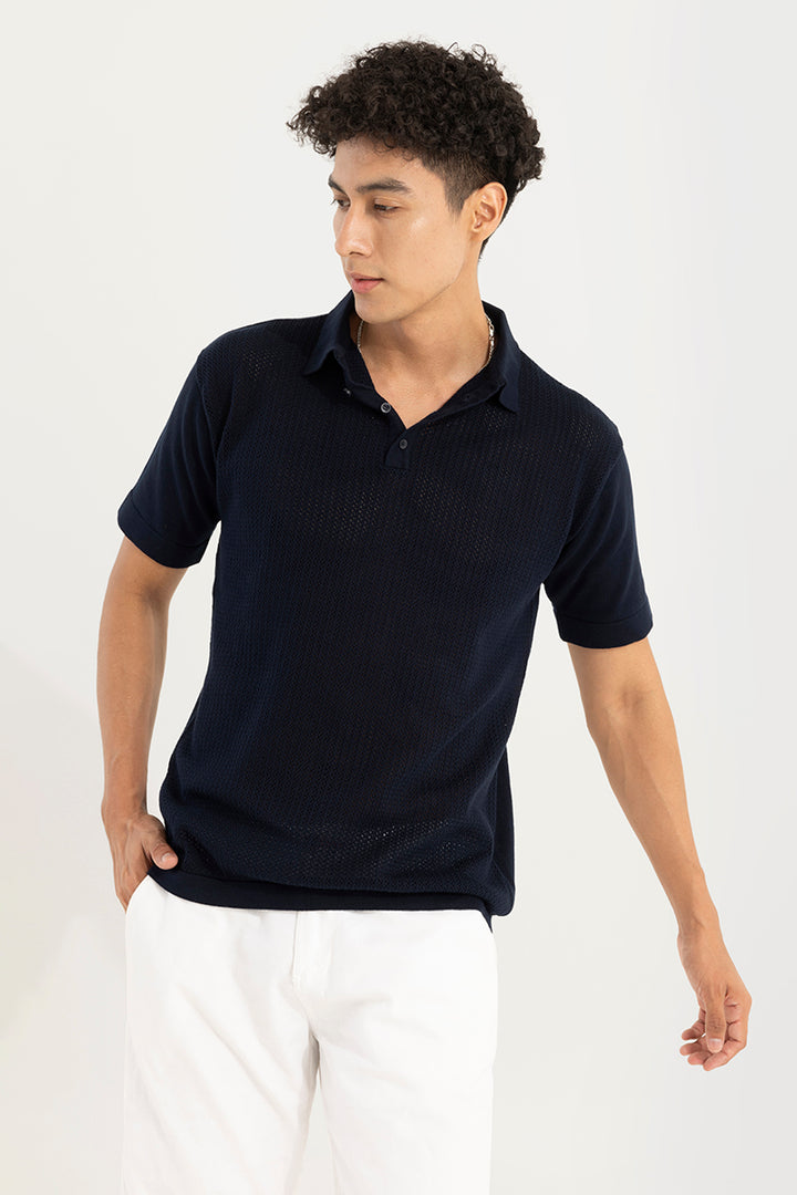 Mesh Design Navy Polo T-Shirt