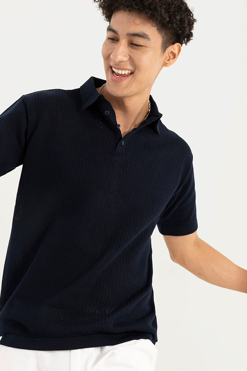 Mesh Design Navy Polo T-Shirt