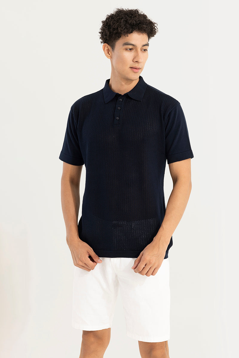 Mesh Design Navy Polo T-Shirt