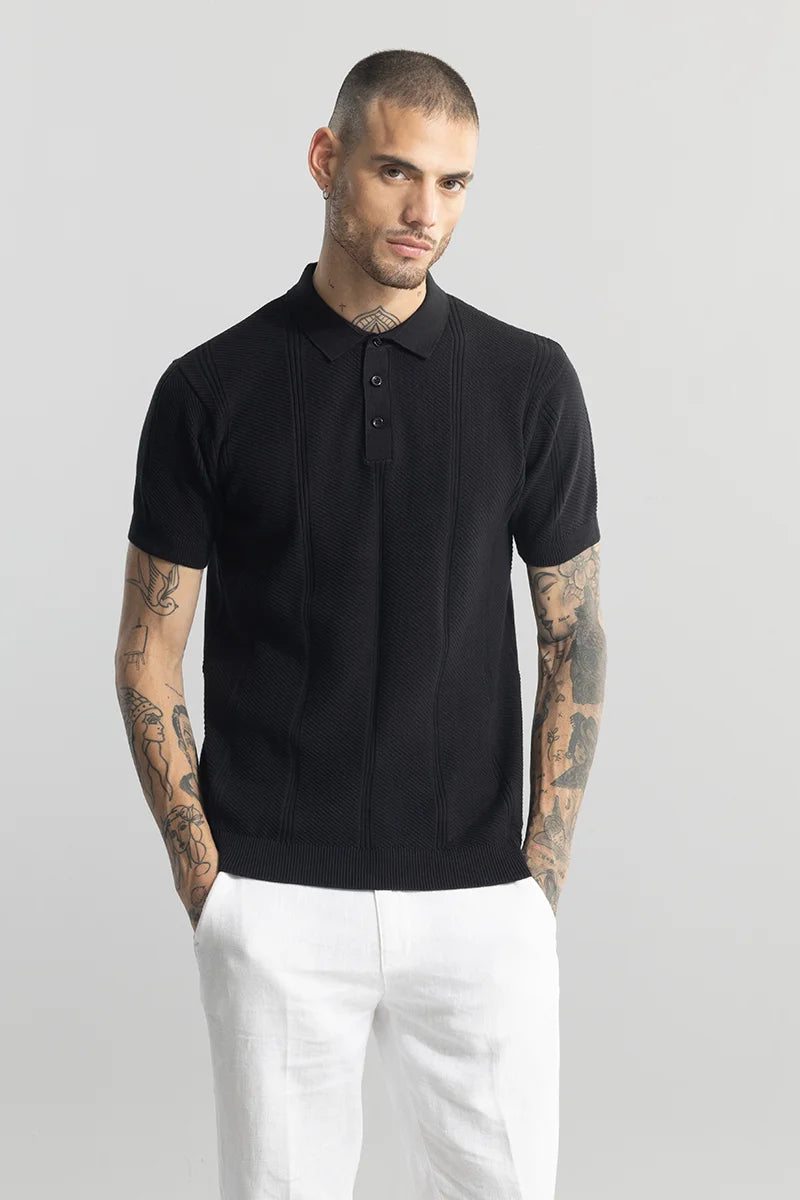 Coulter Knitted Black Polo T-Shirt