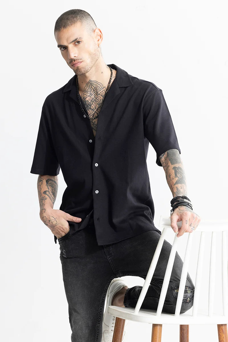 Basic Knitted Black Oversized Shirt