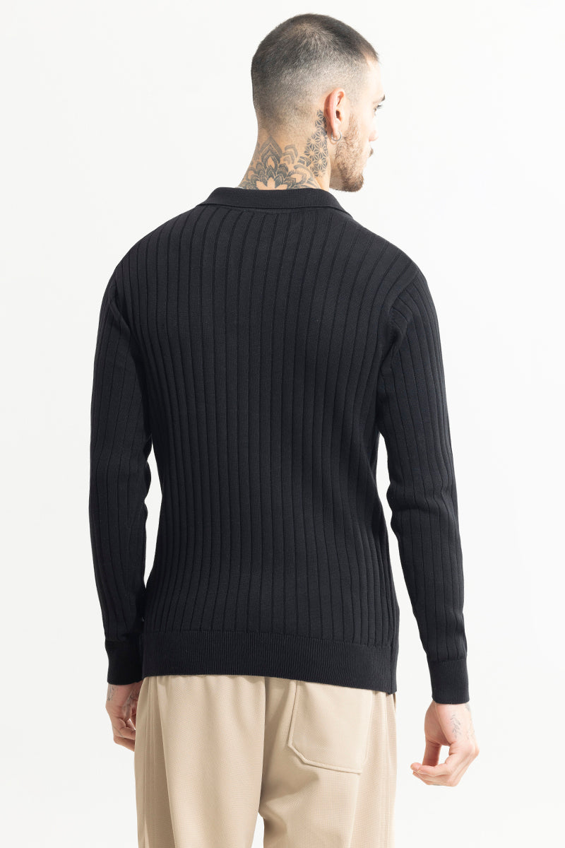 Chunky Ribbed Knitted Black Polo T-Shirt