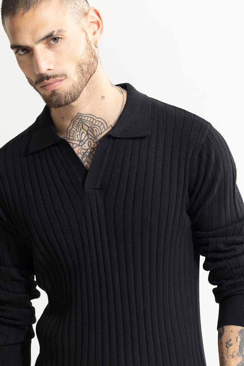 Chunky Ribbed Knitted Black Polo T-Shirt