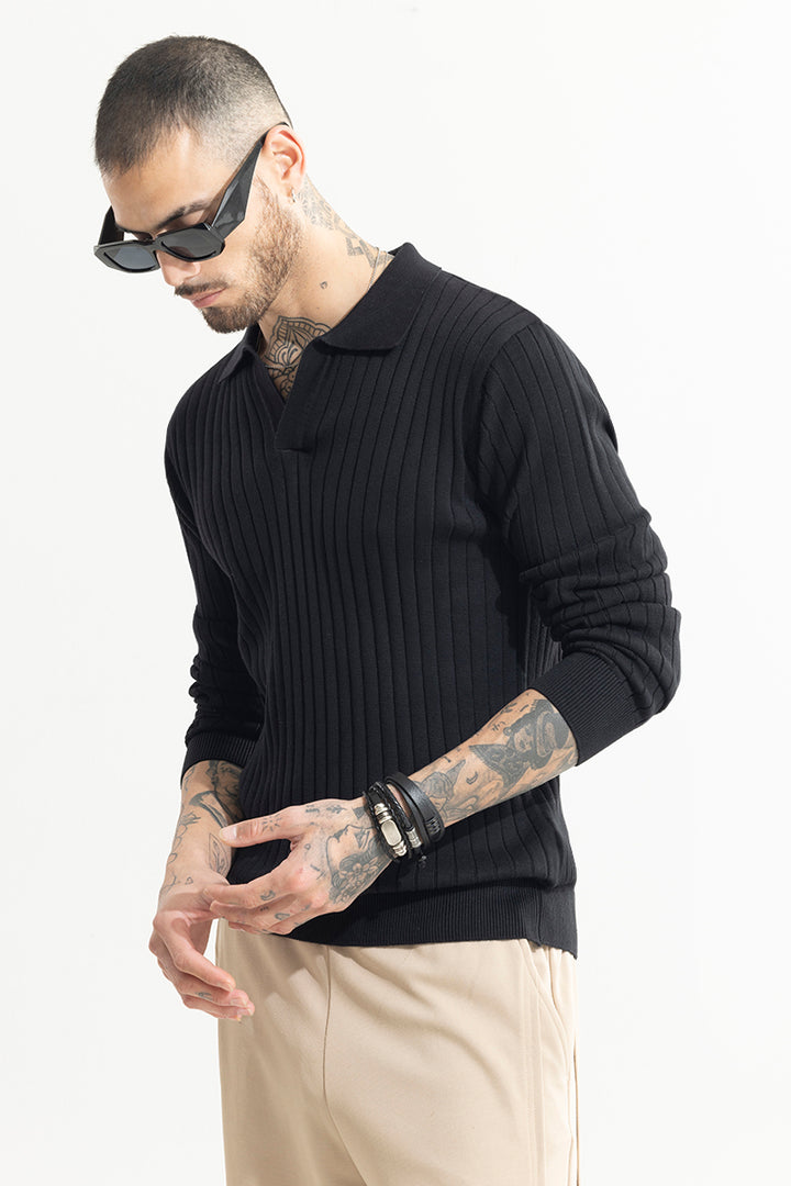 Chunky Ribbed Knitted Black Polo T-Shirt