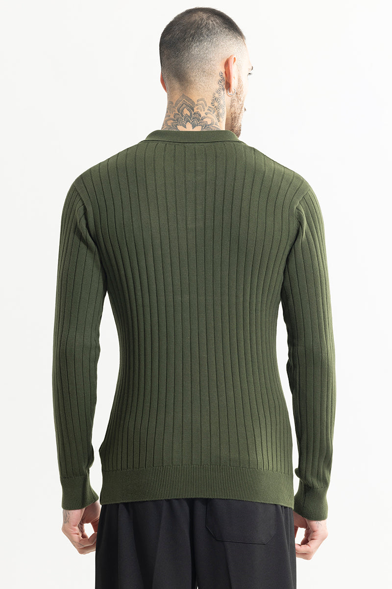 Chunky Ribbed Knitted Olive Polo T-Shirt