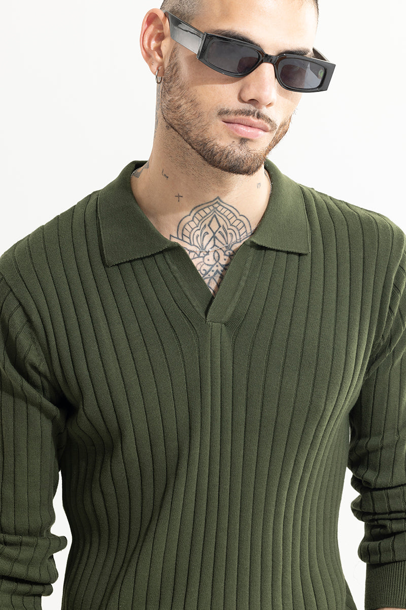 Buy Men's Chunky Ribbed Knitted Olive Polo T-Shirt Online