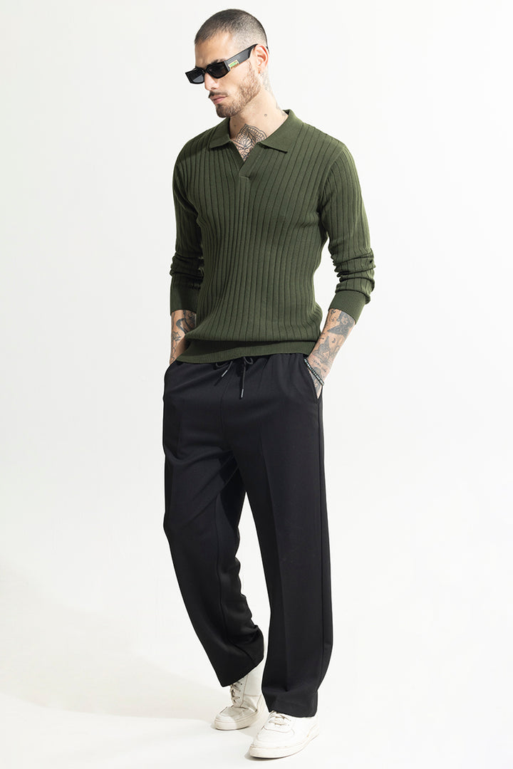 Chunky Ribbed Knitted Olive Polo T-Shirt